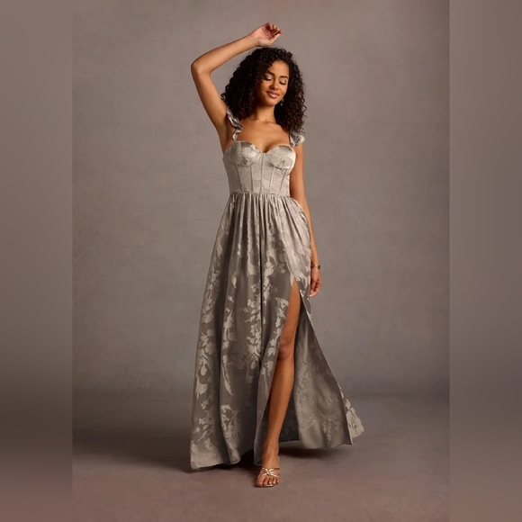Azazie Dresses & Skirts - Azazie Silver Floral Bustier Slit Gown